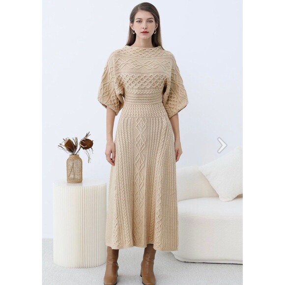 Chicwish Cable Knit Sweater Dress S/M NWT Cream Knitted Midi Cottagecore - Picture 3 of 10